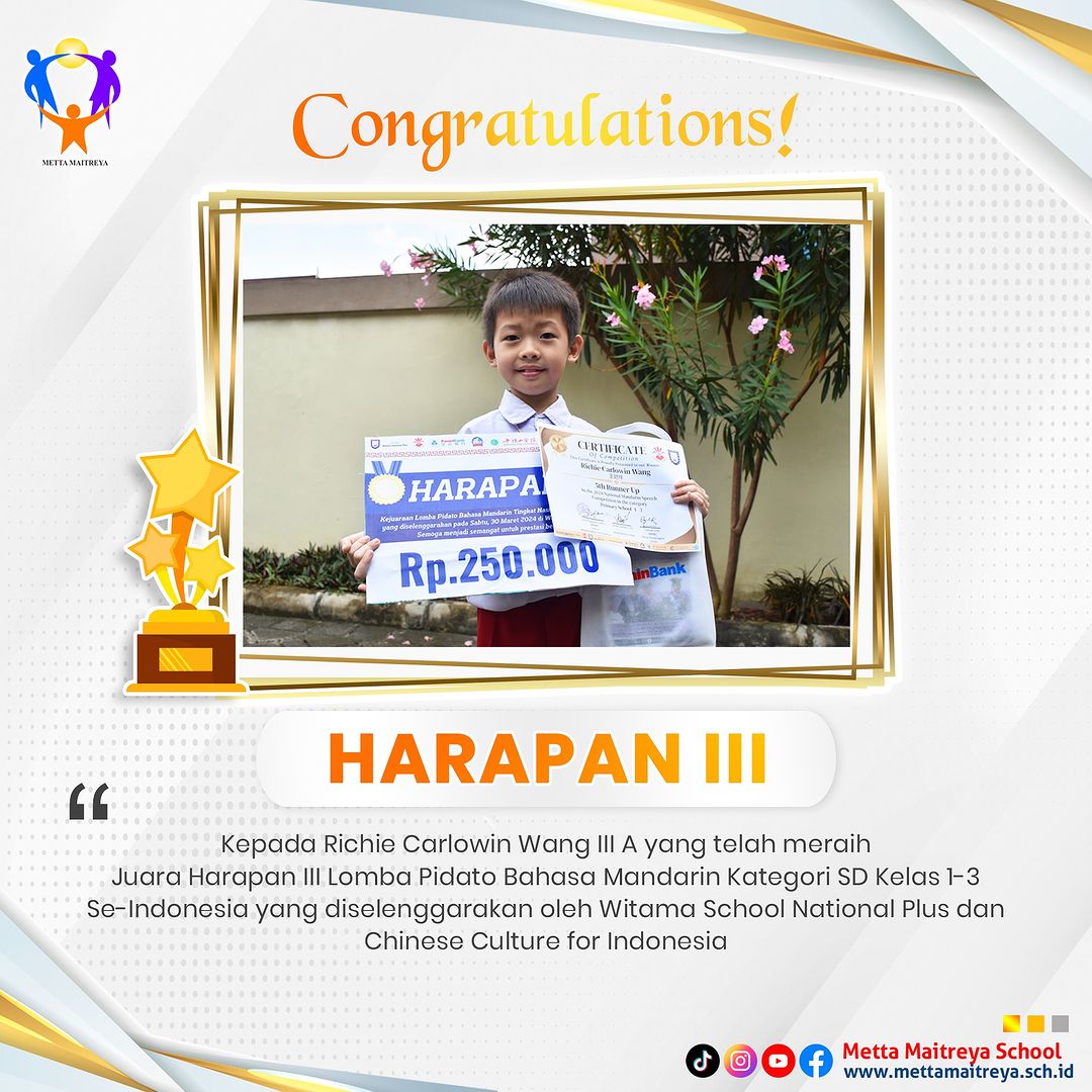 Prestasi Peserta Didik dalam Lomba Pidato Bahasa Mandarin Kategori SD Kelas 1-3 Se-Indonesia | SD METTA MAITREYA